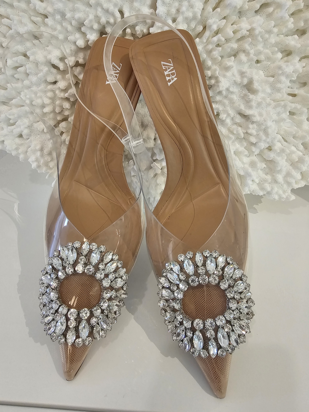 Zara Nude Clear Shoes with Crystal Embelishment Size US 6.5